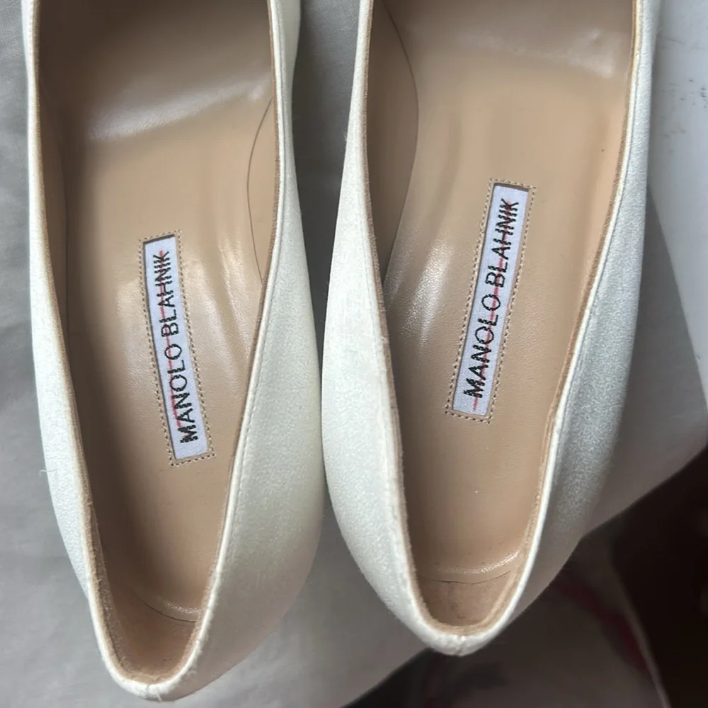 Manolo Blahnik White Satin Pump with Crystal Buckle